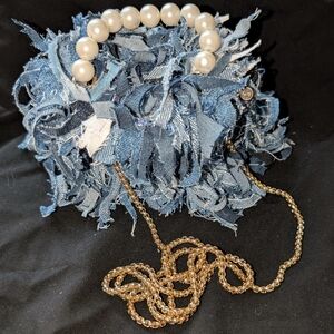 Denim Fringe Handbag with Pearl Handle